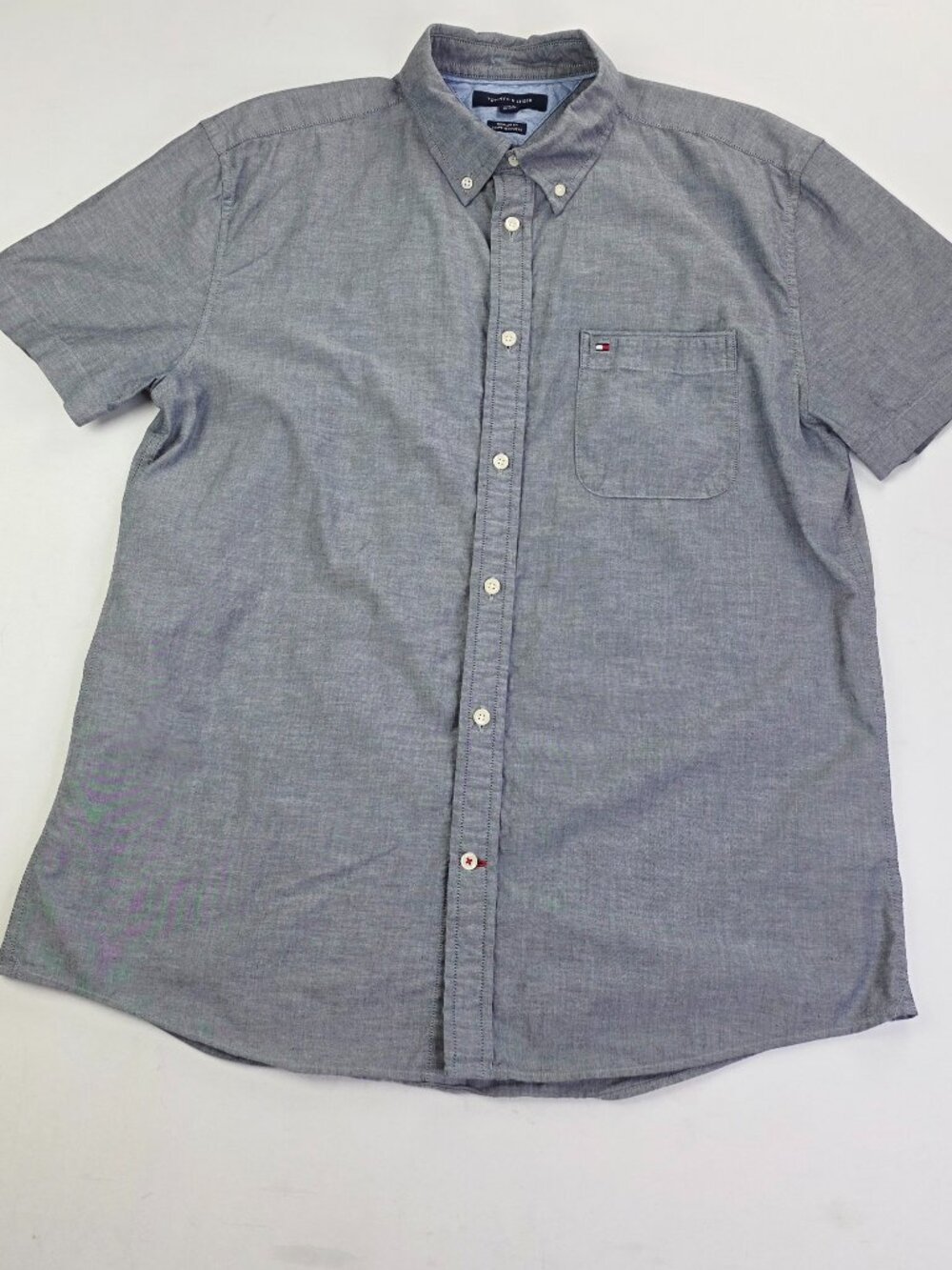 Tommy Hilfiger Regular Fit Pocket Logo Short Sleeve Mens Sz XL Gray Cotton Shirt